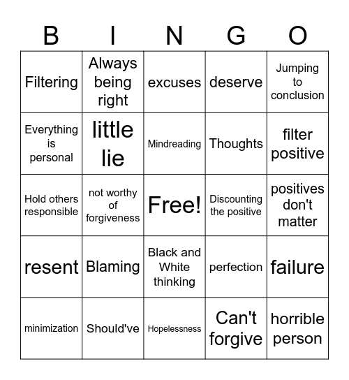 Thinking Errors Bingo Card