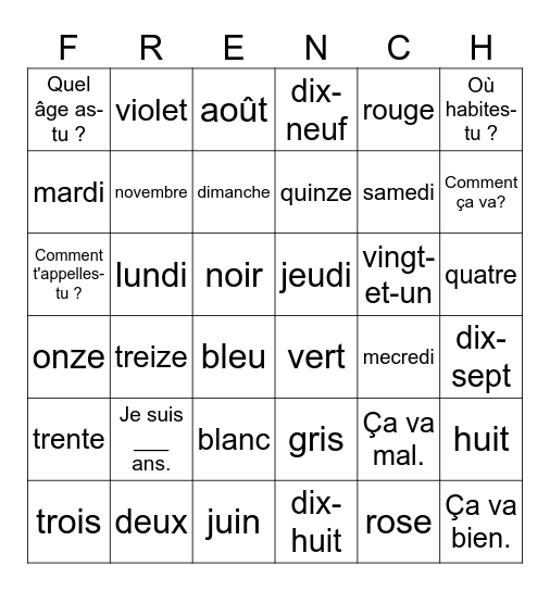 BINGO - Français Bingo Card