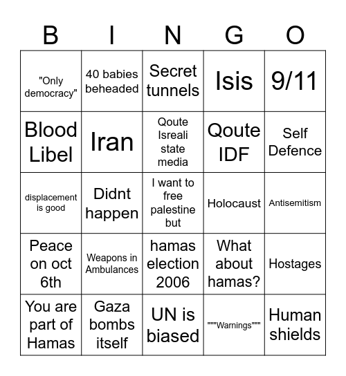 Palestine Bingo Card