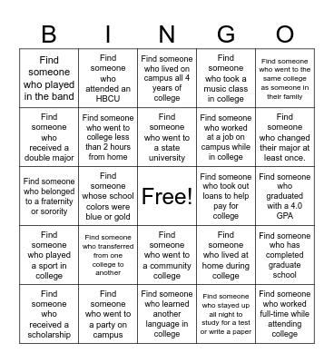 College and Career BINGO Card