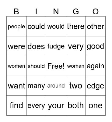 Sight Word Bingo Card