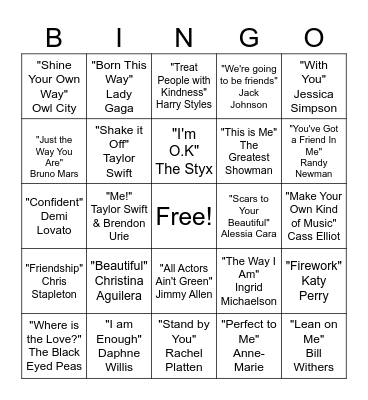 Acceptance Songs Bingo Card