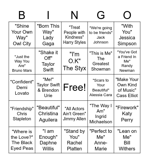 Acceptance Songs Bingo Card