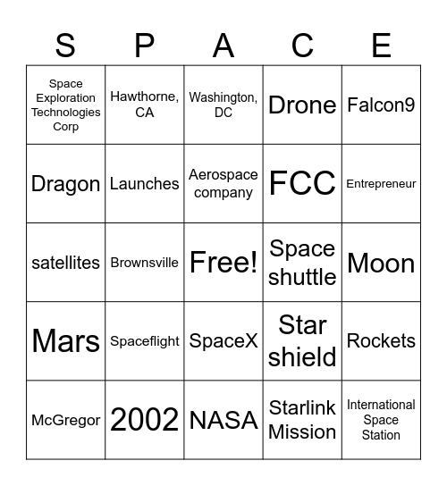 Space X bingo Card