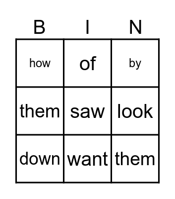 Sight Words Bingo Card