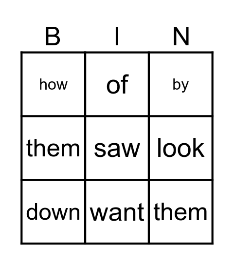 Sight Words Bingo Card