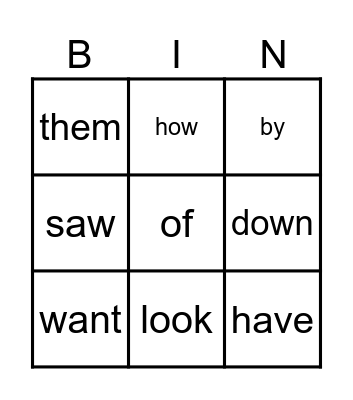 Sight Words Bingo Card