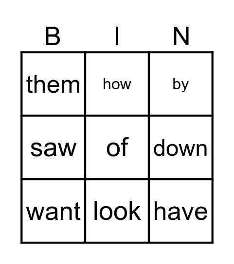 Sight Words Bingo Card