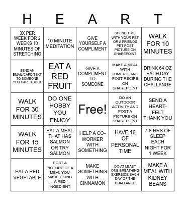 Heart Healthy Bingo Card