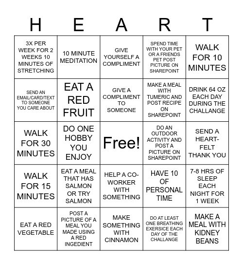 Heart Healthy Bingo Card