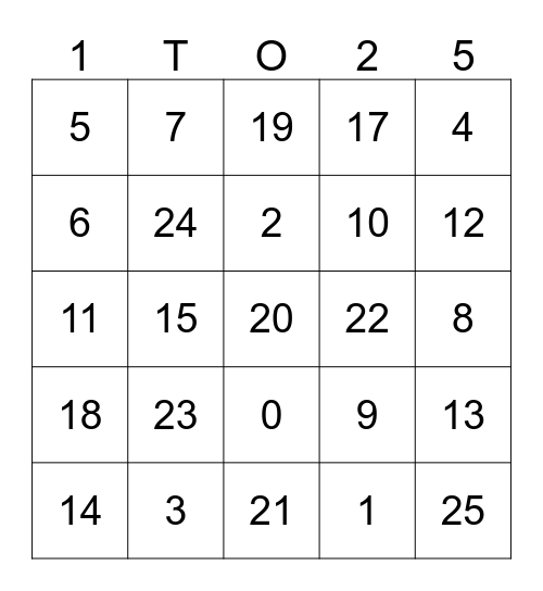 number bingo Card