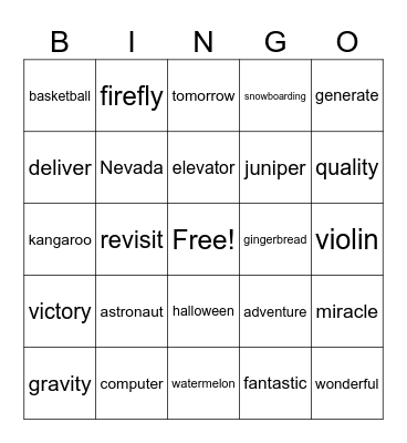 Syllable Bingo Card