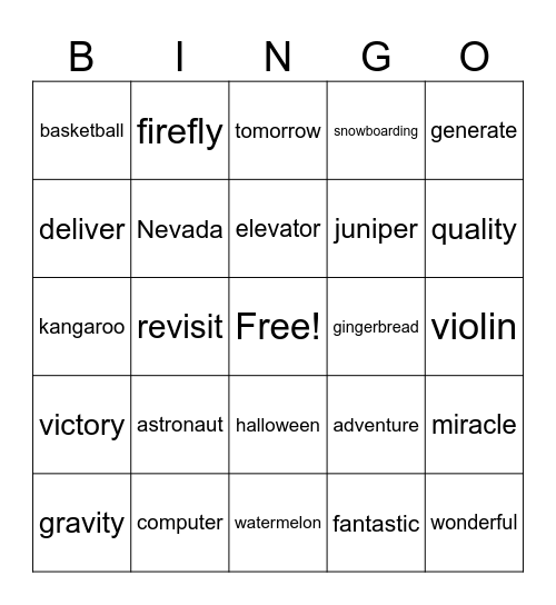 Syllable Bingo Card