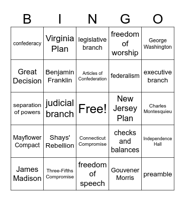The Constitution of the United States Bingo Card