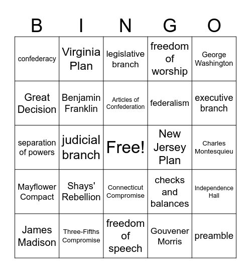 The Constitution of the United States Bingo Card