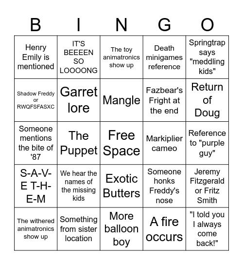 FNAF 2 MOVIE BINGO Card