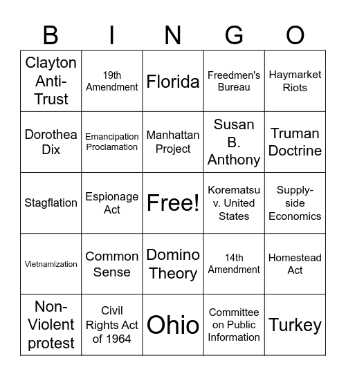 American History Final Exam Review Bingo Card