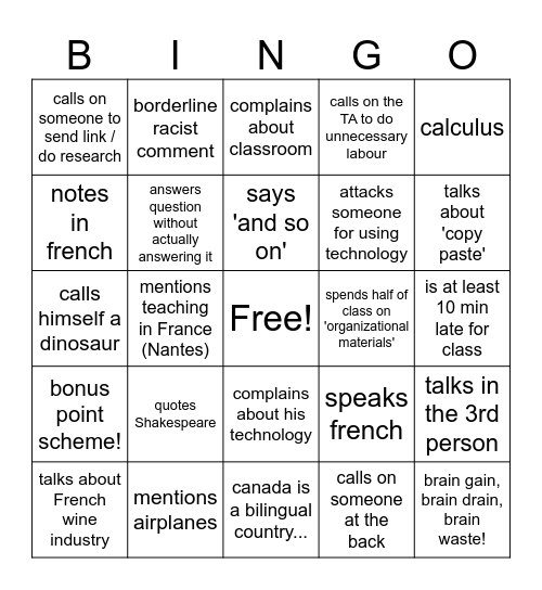 ECO231 weekly Robert Bingo Card