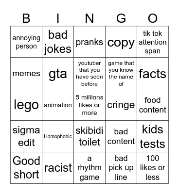 yt shorts Bingo Card