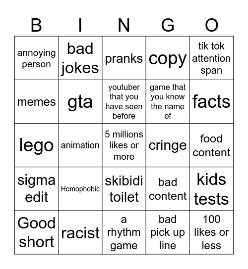 yt shorts Bingo Card