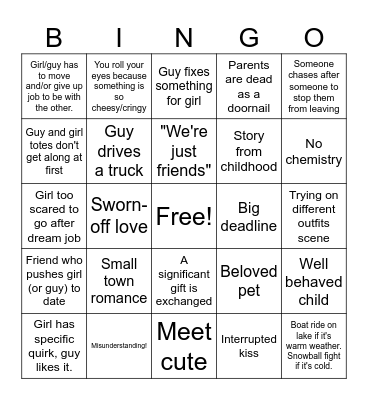 Hallmark Non-Christmas Movie Bingo Card