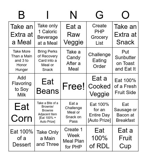 Carli's Dietary Bingo Card