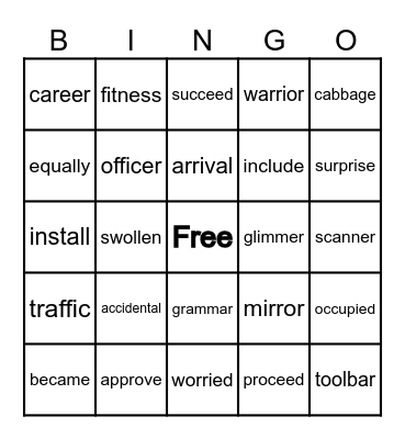 D-10 Spelling Words Bingo Card