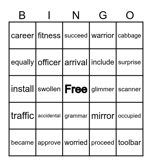 D-10 Spelling Words Bingo Card