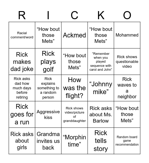 Rick/Grandma themed bingo Card