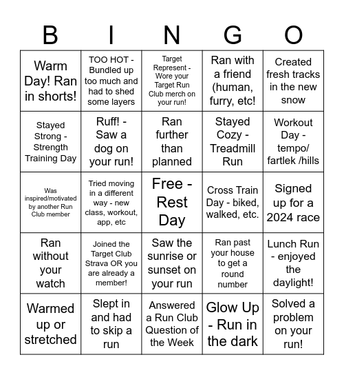 Target Run Club Winter Bingo Card