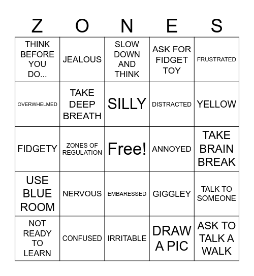 YELLOW ZONE AND WHAT MIGHT HELP Bingo Card