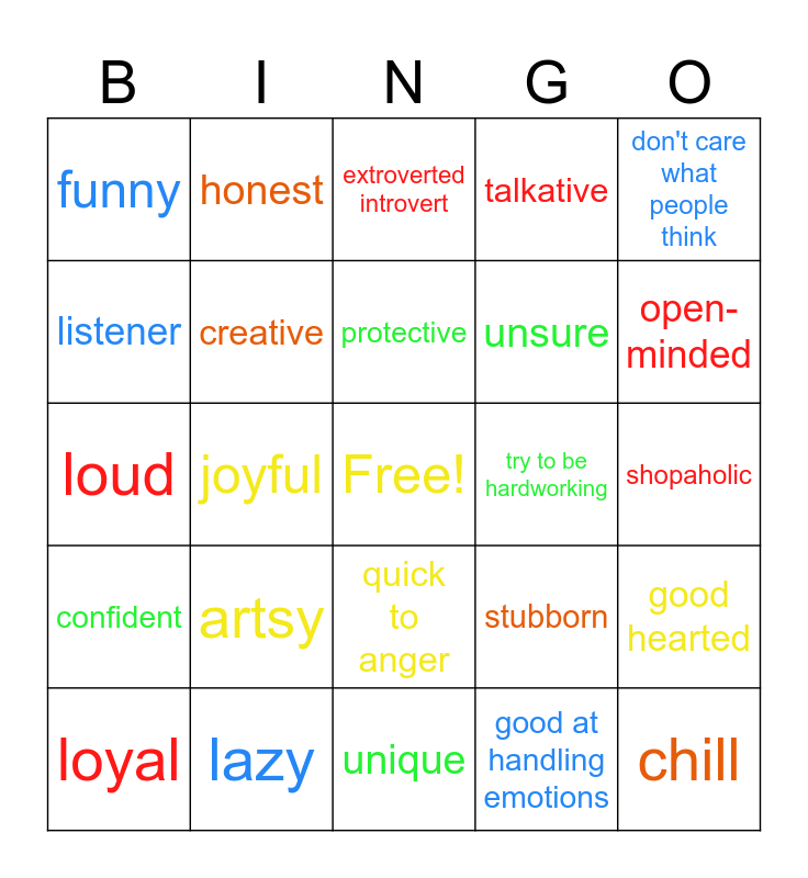 Mias Personalities Bingo Card