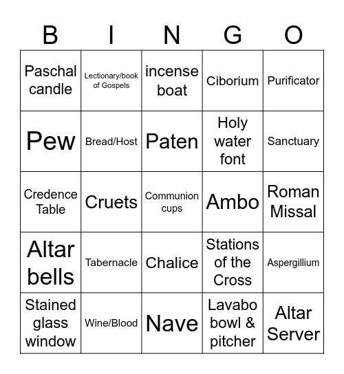 Liturgical Item Bingo Card