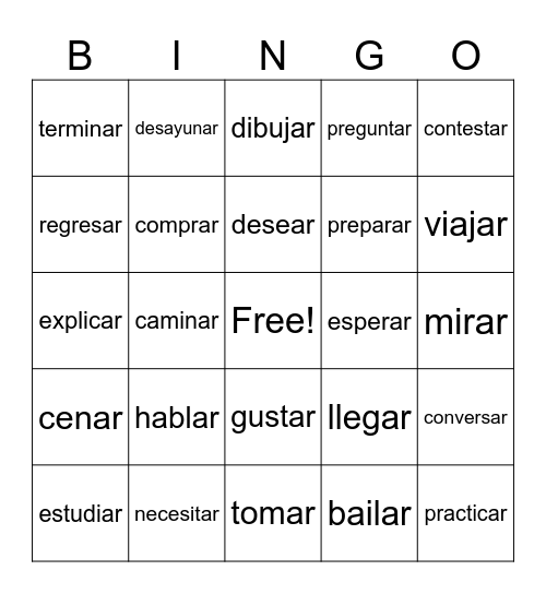 Spanish 1 -ar verbs Bingo Card