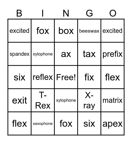 /x/ Word Bingo Card