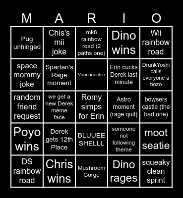 Mario Kart Monday Bingo Card