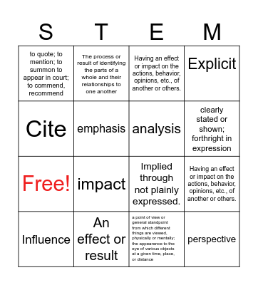 Vocabulary words STEM 2023-2024 Bingo Card