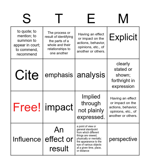 Vocabulary words STEM 2023-2024 Bingo Card