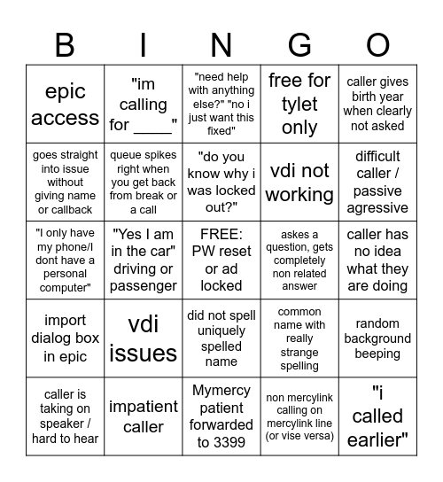 SERVICE CENTER BINGO Card