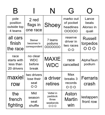 f1 2024 Bingo Card