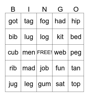 Short Vowel Bingo Card