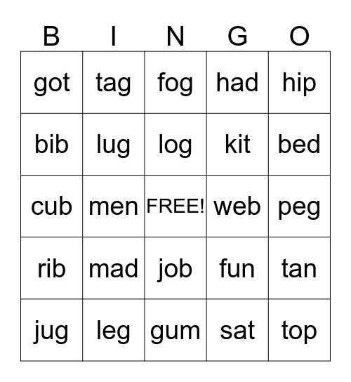 Short Vowel Bingo Card