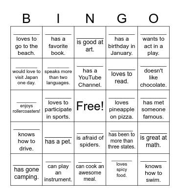 Getting to Know You Bingo Card