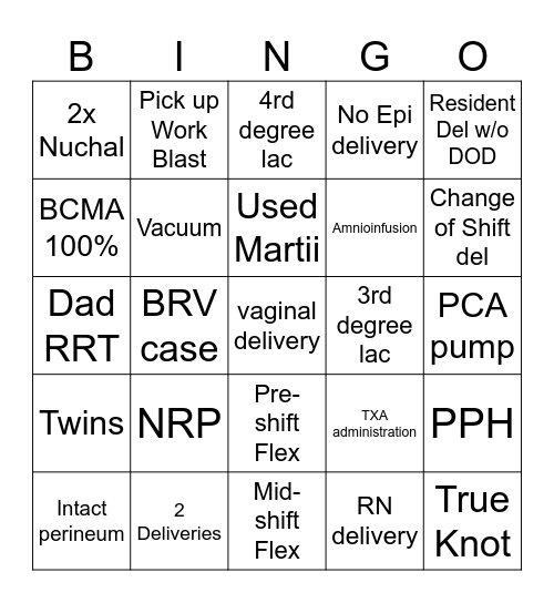 Birthing BINGO Card