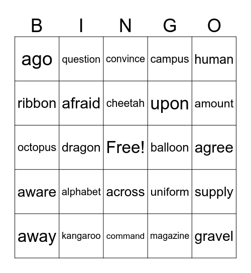 Schwa Bingo Card