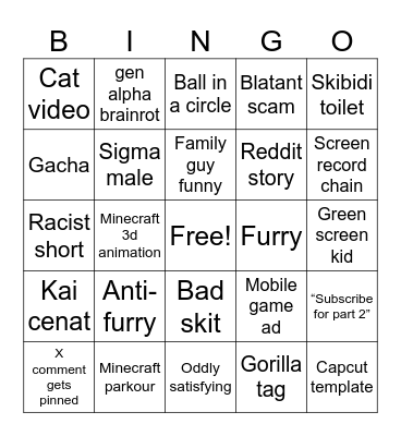 YouTube shorts bingo Card
