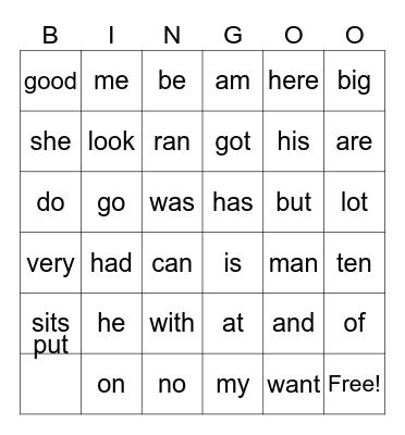 Sight Words Bingo Card