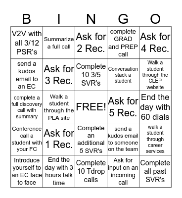 Team Ramirez  Bingo Card