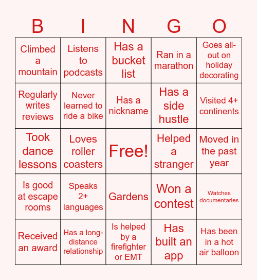 Personality Bingo Card