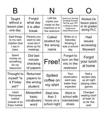 Never have I ever Teachers version Bingo Card
